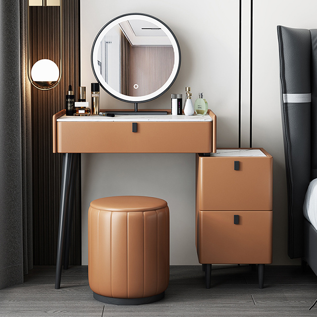 Modern Simple Multi-functional Princess Dressing Table Side Cabinet Vanity with LED Mirror Chair Smart Dresser