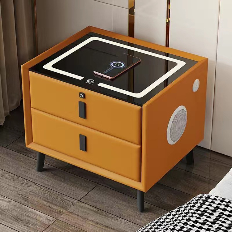 New Modern Nightstand with LED Light Smart Bedside Table with Wireless USB Charging Speaker Fingerprint Lock