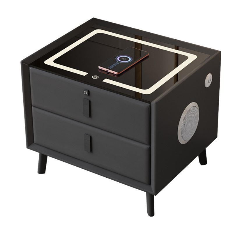 New Modern Nightstand with LED Light Smart Bedside Table with Wireless USB Charging Speaker Fingerprint Lock