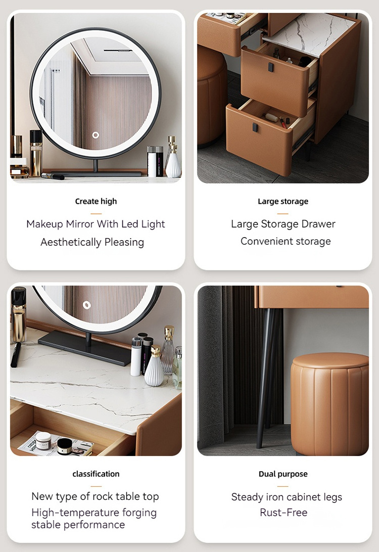 Modern Simple Multi-functional Princess Dressing Table Side Cabinet Vanity with LED Mirror Chair Smart Dresser