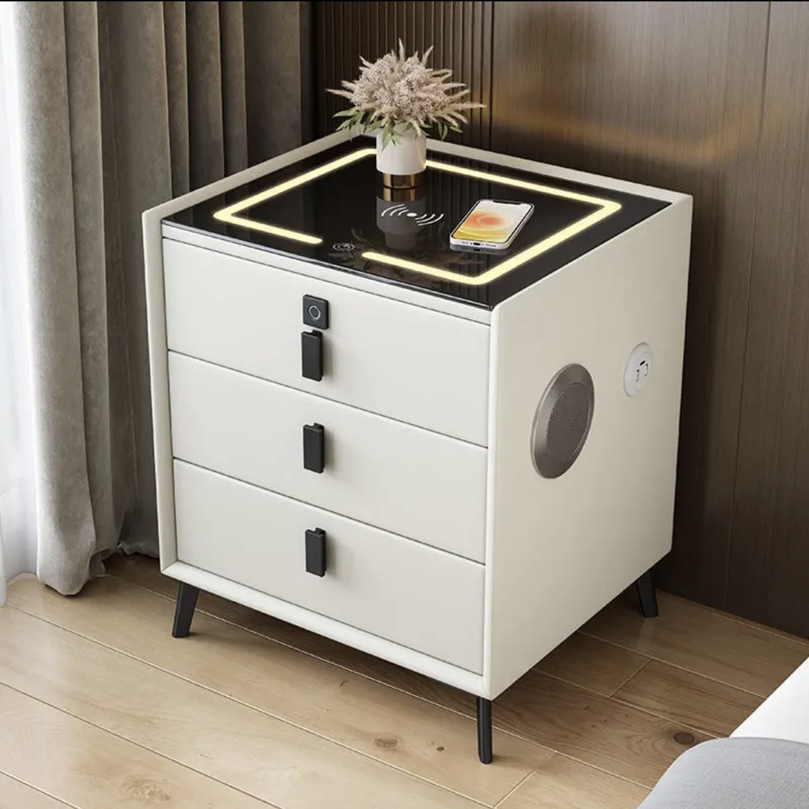 Modern Nightstand Touch Sensing Led Light USB Wireless Design Smart Nightstand Speaker Fingerprint Lock Bedside Table