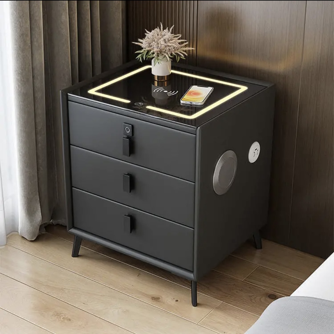 Modern Nightstand Touch Sensing Led Light USB Wireless Design Smart Nightstand Speaker Fingerprint Lock Bedside Table