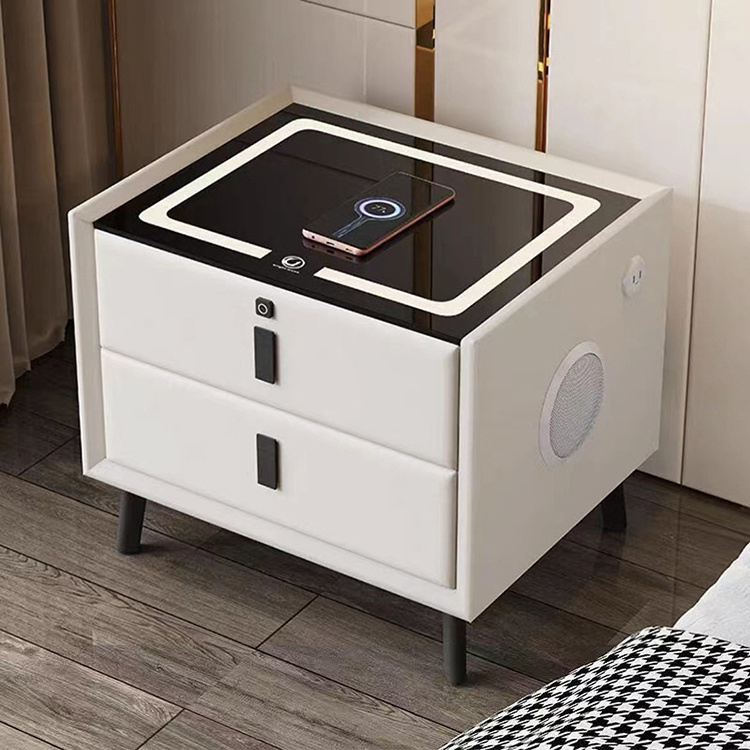 New Modern Nightstand with LED Light Smart Bedside Table with Wireless USB Charging Speaker Fingerprint Lock