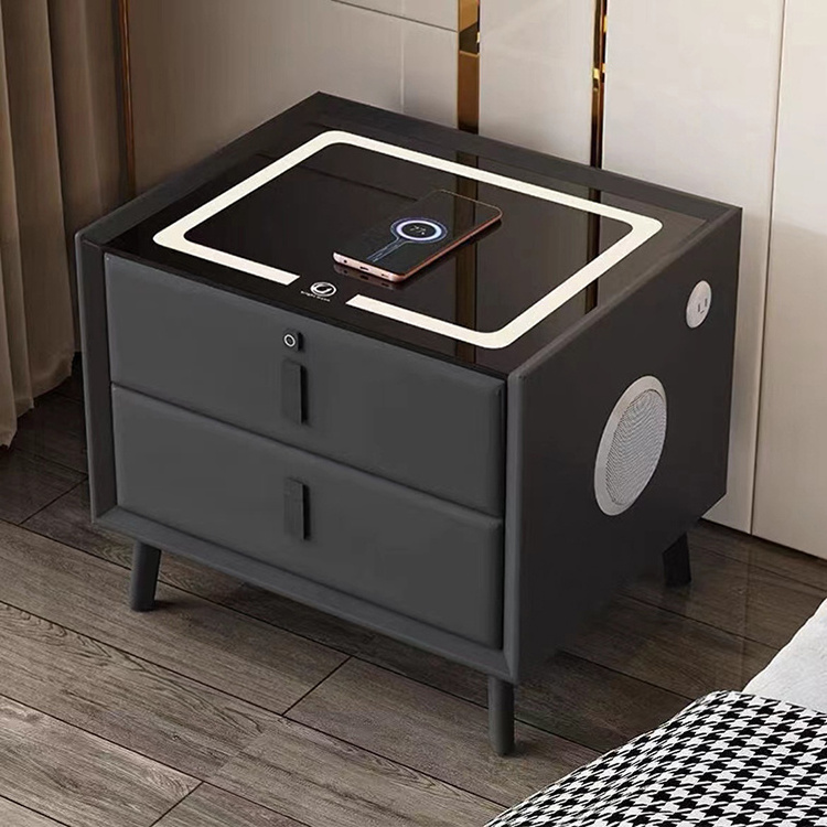 New Modern Nightstand with LED Light Smart Bedside Table with Wireless USB Charging Speaker Fingerprint Lock