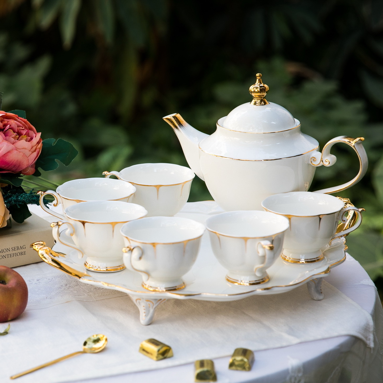 European royal classical bone china tea pot set with tray luxury golden white arabic porcelain coffee cup set with sugar jar