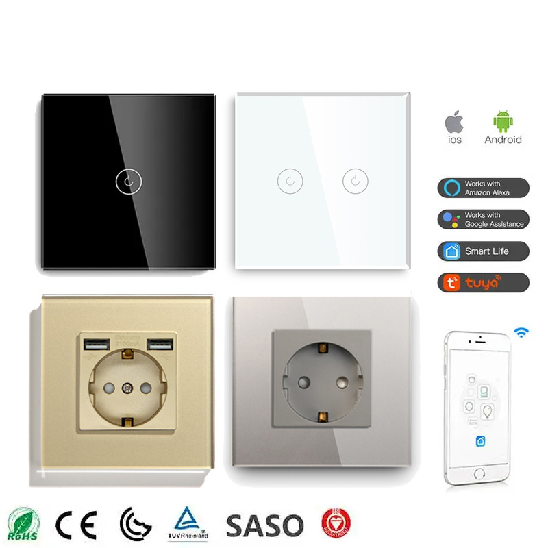 Mvava CE Two Gang Eu Fr Glass Wall Socket Electric Outlet Zigbee Tuya Smart Wifi Touch Wall Switches And Socket With Neon