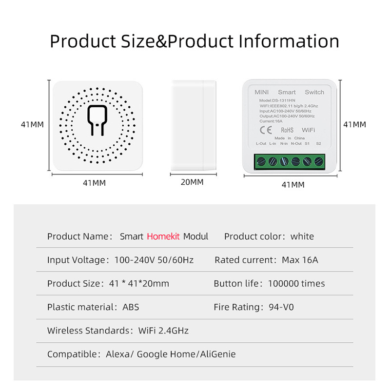 MVAVA rohs ce 16a mini wifi zigbee diy smart switch no neutral 1 gang 2 way control module interrupter smart touch light switch