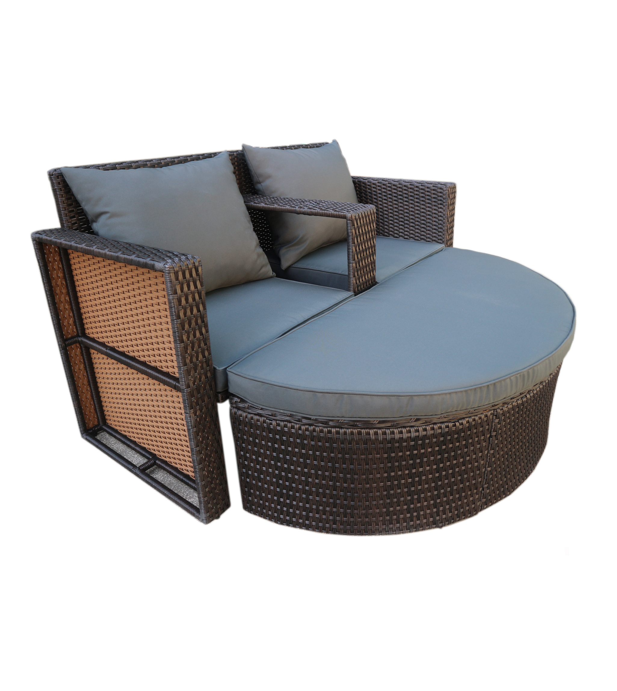 HIGH QUALITY CHEAP PRICE PE RATTAN WICKER GARDEN FURNITURE  DOUBLE CHAIR AND HALF MOON STOOL