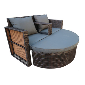 HIGH QUALITY CHEAP PRICE PE RATTAN WICKER GARDEN FURNITURE  DOUBLE CHAIR AND HALF MOON STOOL