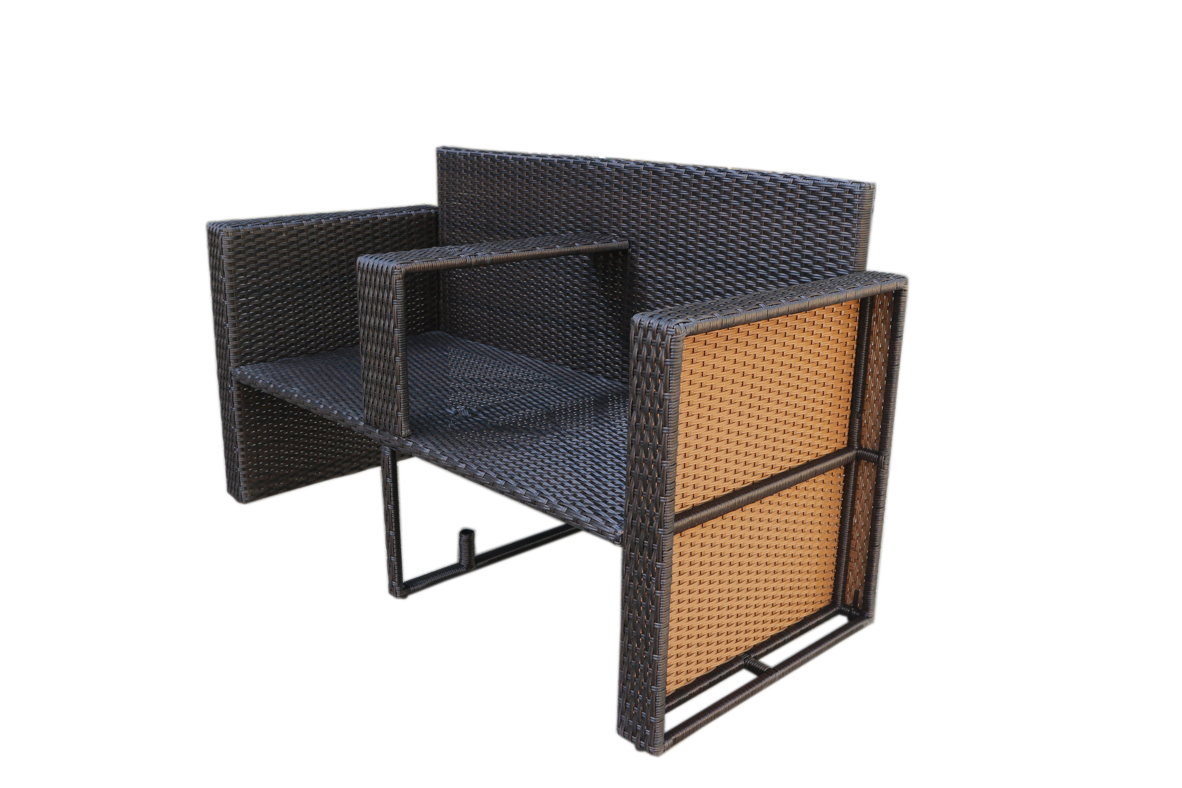 HIGH QUALITY CHEAP PRICE PE RATTAN WICKER GARDEN FURNITURE  DOUBLE CHAIR AND HALF MOON STOOL