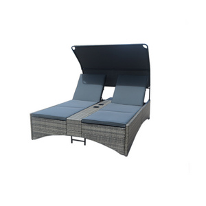 HIGH QUALITY CHEAP PRICE PE RATTAN WICKER GARDEN FURNITURE  DOUBLE  SUNBED WITH COVER