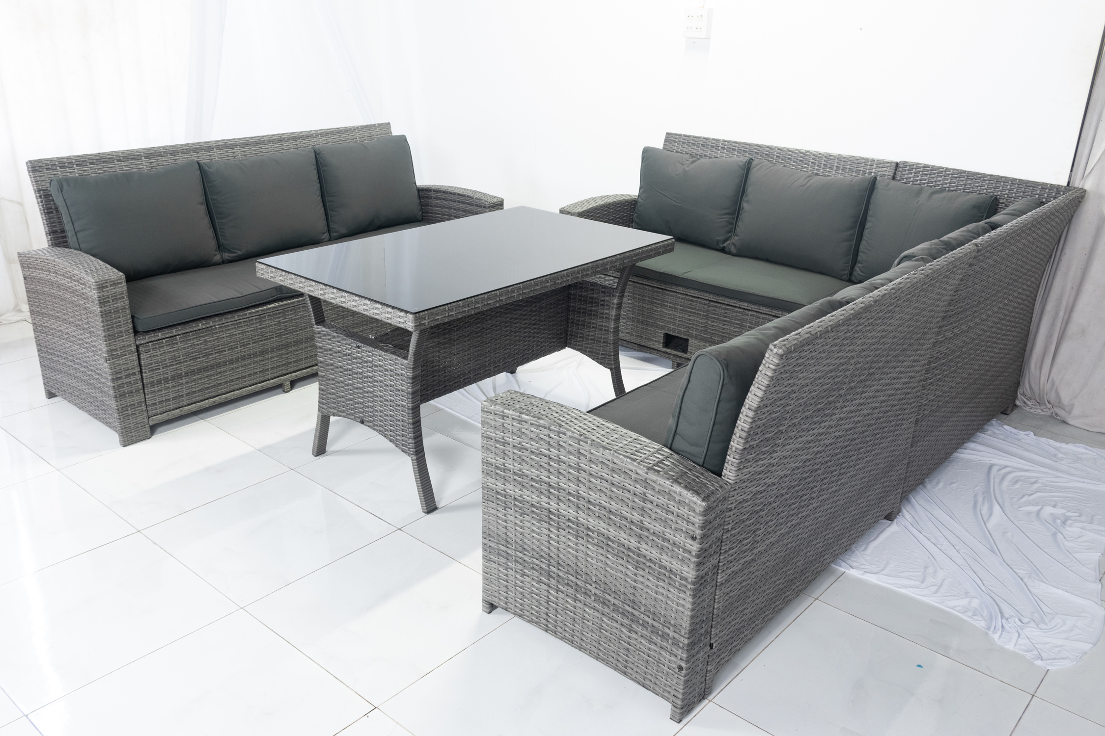 HIGH QUALITY CHEAP PRICE PE RATTAN WICKER HOME FURNITURE  L SOFA SET WITH BENCH