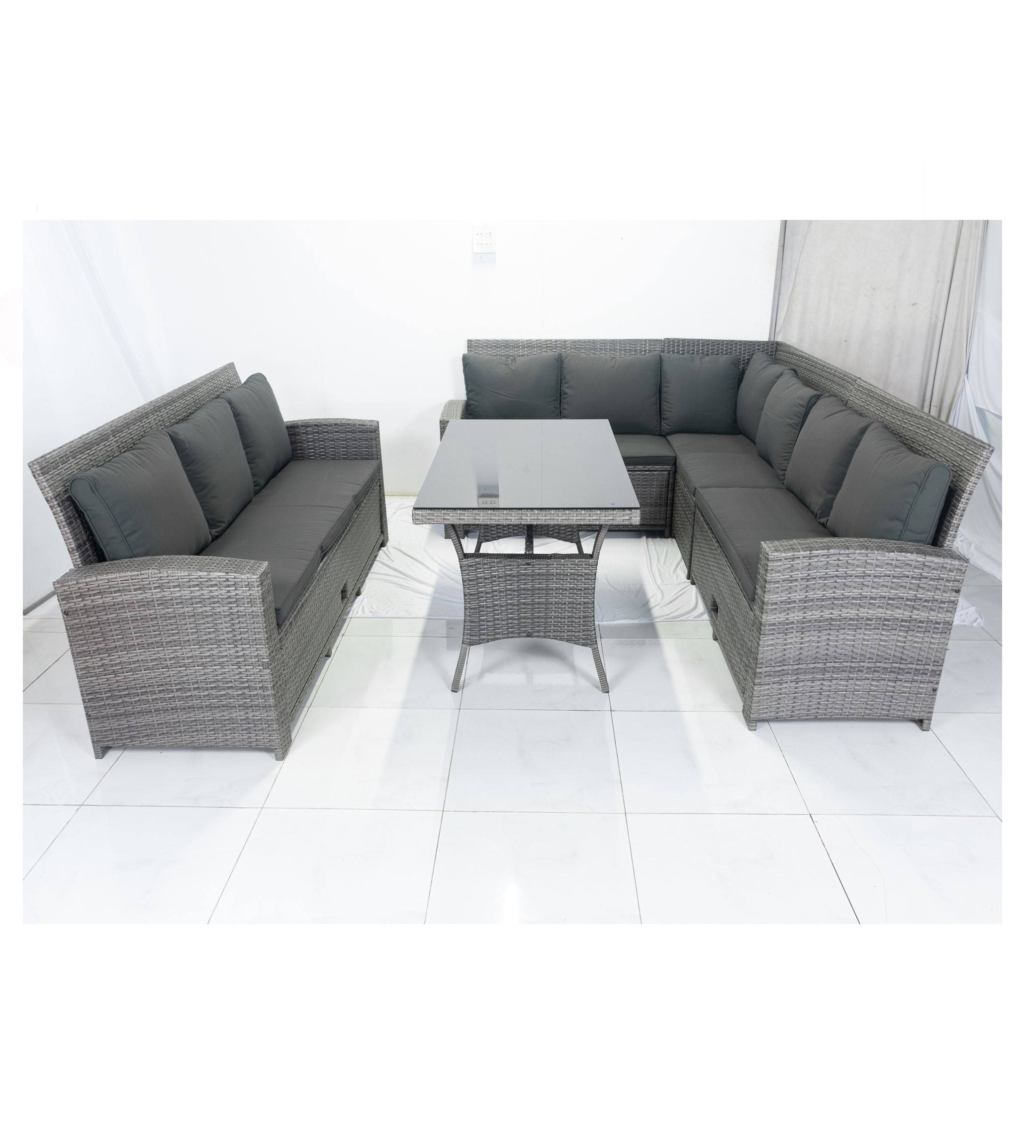 HIGH QUALITY CHEAP PRICE PE RATTAN WICKER HOME FURNITURE  L SOFA SET WITH BENCH