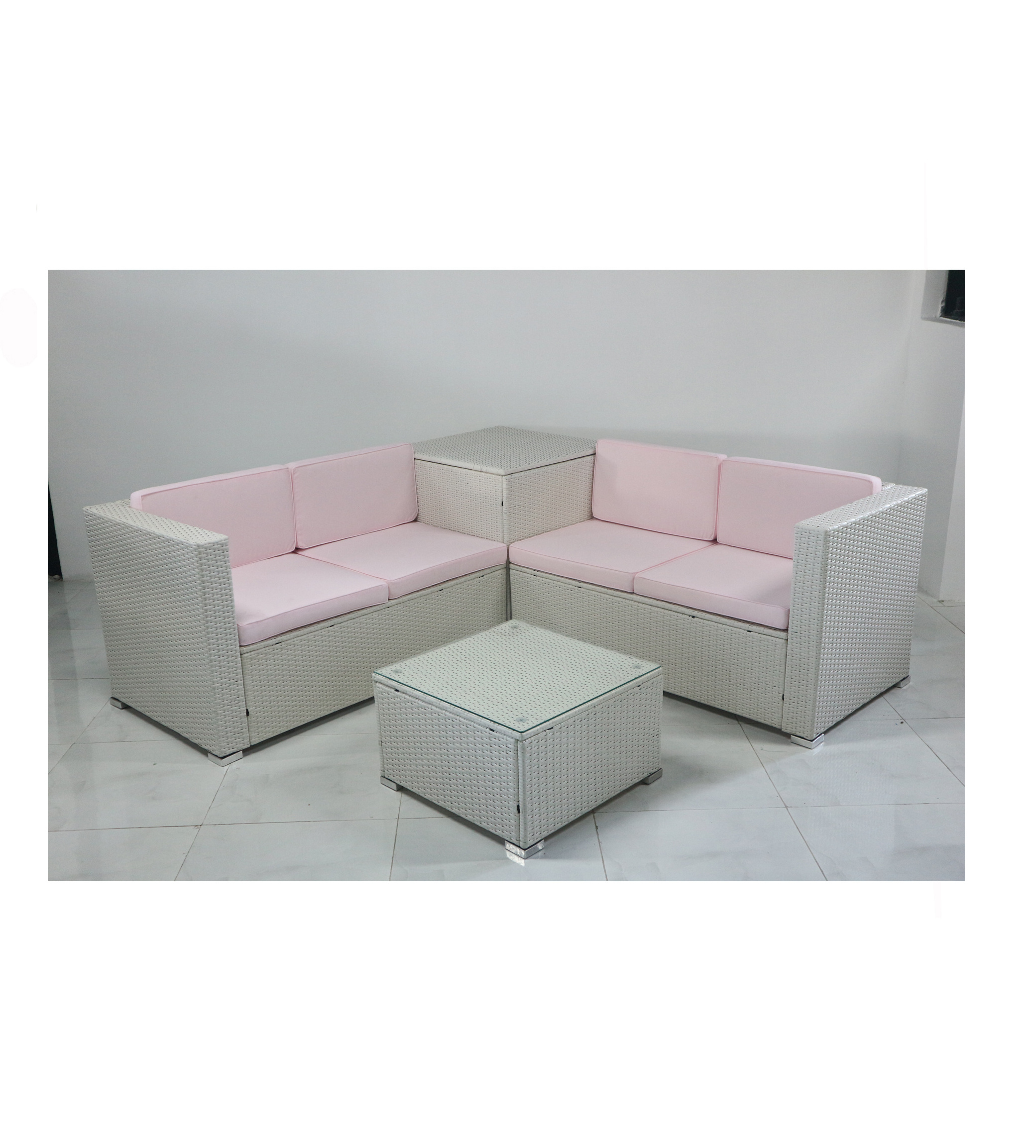 HIGH QUALITY CHEAP PRICE PE RATTAN WICKER GARDEN FURNITURE CONNER SOFA SET WITH CUSHION BOX