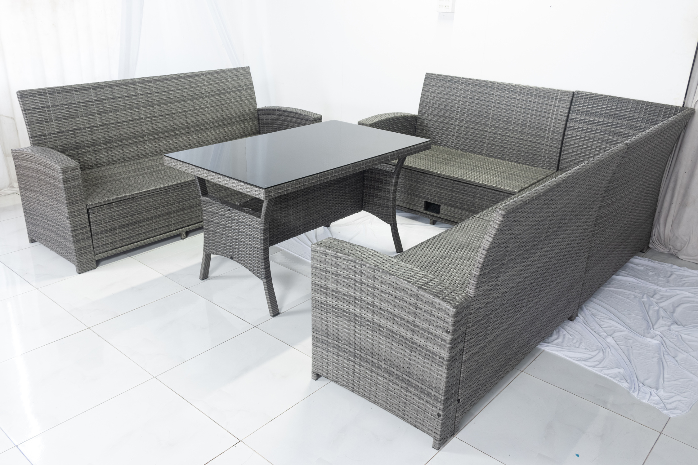 HIGH QUALITY CHEAP PRICE PE RATTAN WICKER HOME FURNITURE  L SOFA SET WITH BENCH