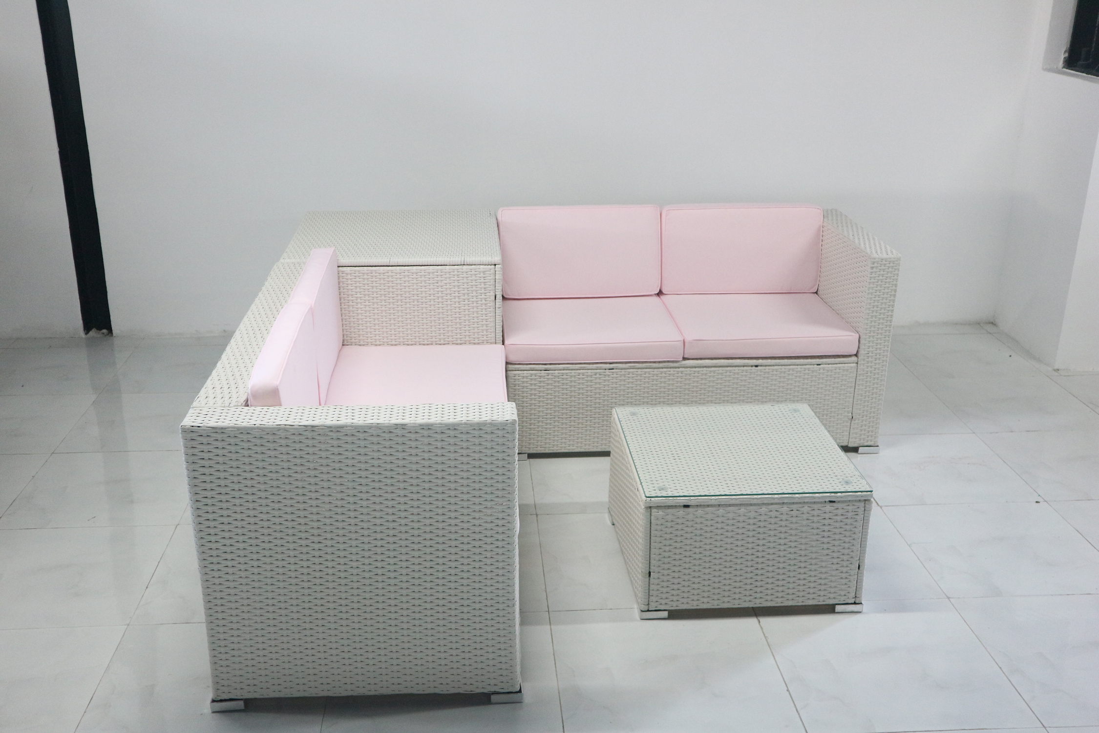 HIGH QUALITY CHEAP PRICE PE RATTAN WICKER GARDEN FURNITURE CONNER SOFA SET WITH CUSHION BOX