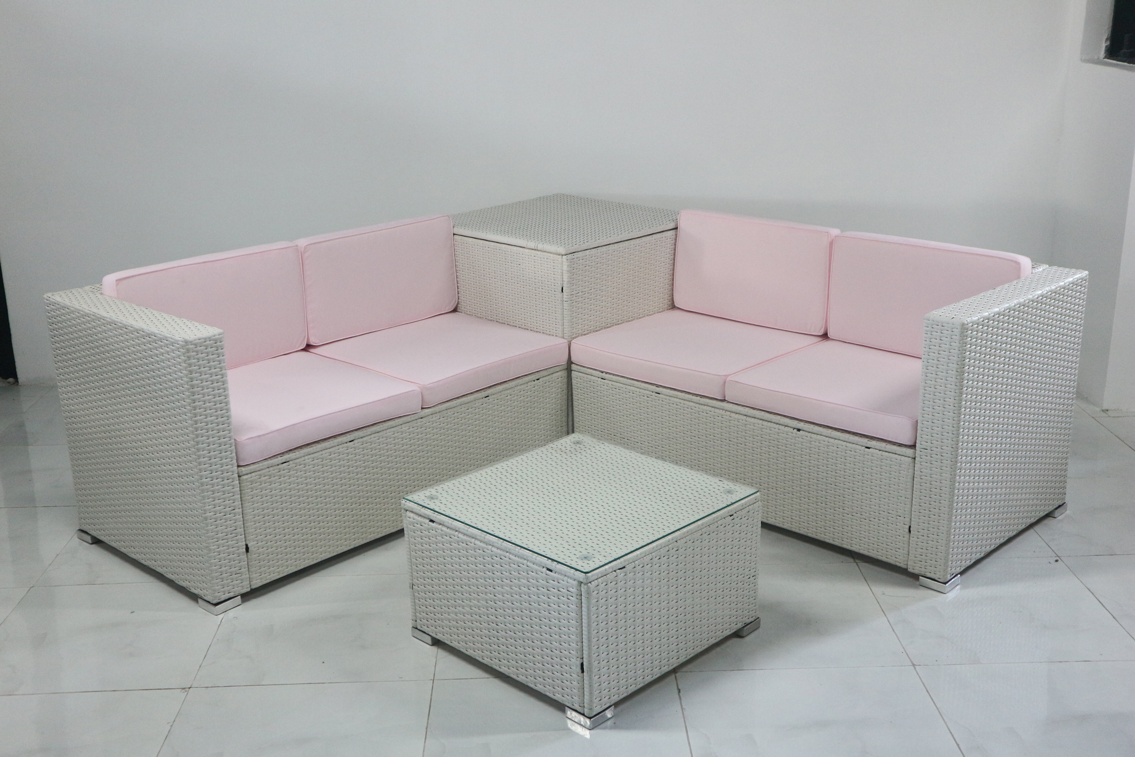 HIGH QUALITY CHEAP PRICE PE RATTAN WICKER GARDEN FURNITURE CONNER SOFA SET WITH CUSHION BOX