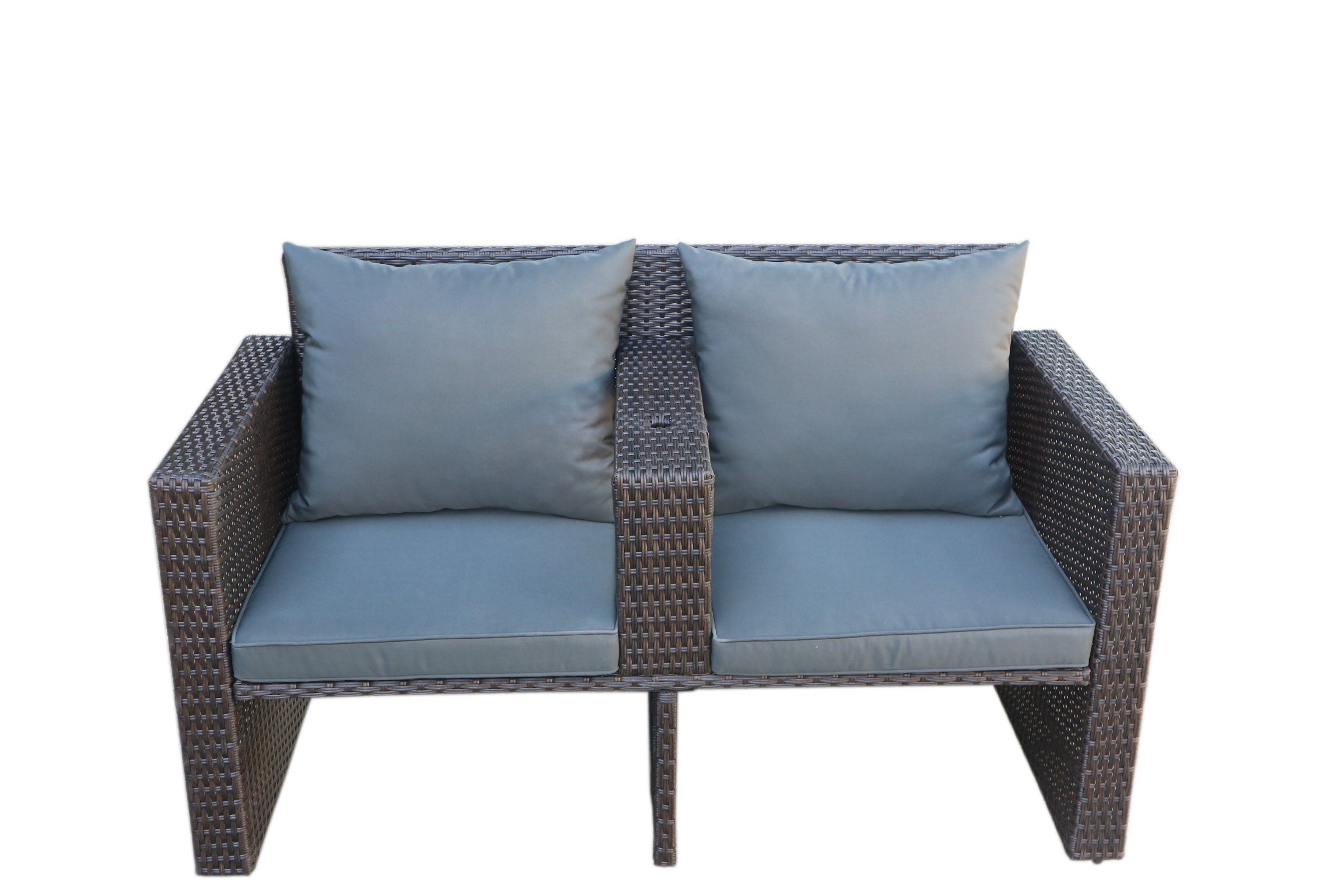 HIGH QUALITY CHEAP PRICE PE RATTAN WICKER GARDEN FURNITURE  DOUBLE CHAIR AND HALF MOON STOOL