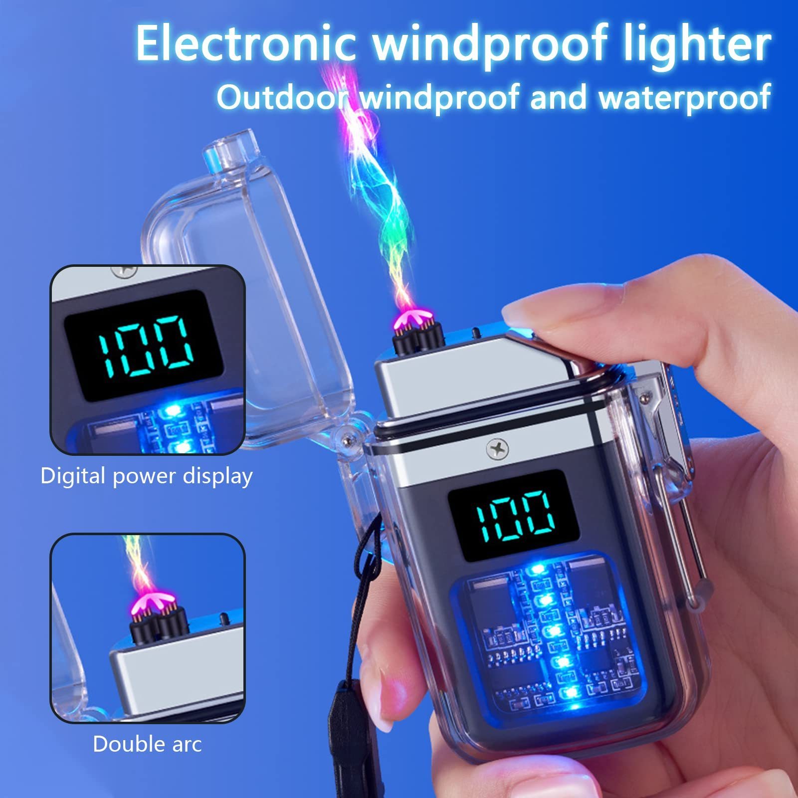 WL13 Electronic Rechargeable Lighter Transparent Waterproof Double ARC Lighter LED Power Display Type-C Outdoor Lighter