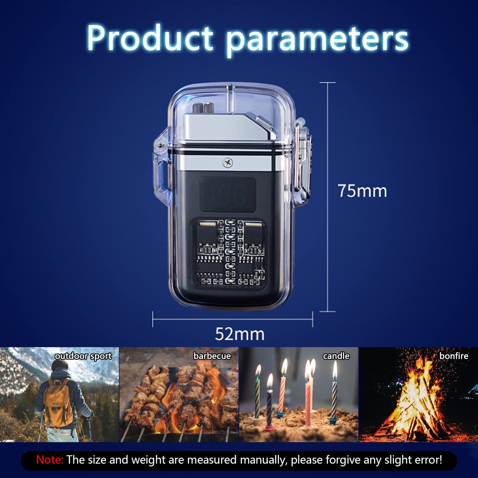 WL13 Electronic Rechargeable Lighter Transparent Waterproof Double ARC Lighter LED Power Display Type-C Outdoor Lighter