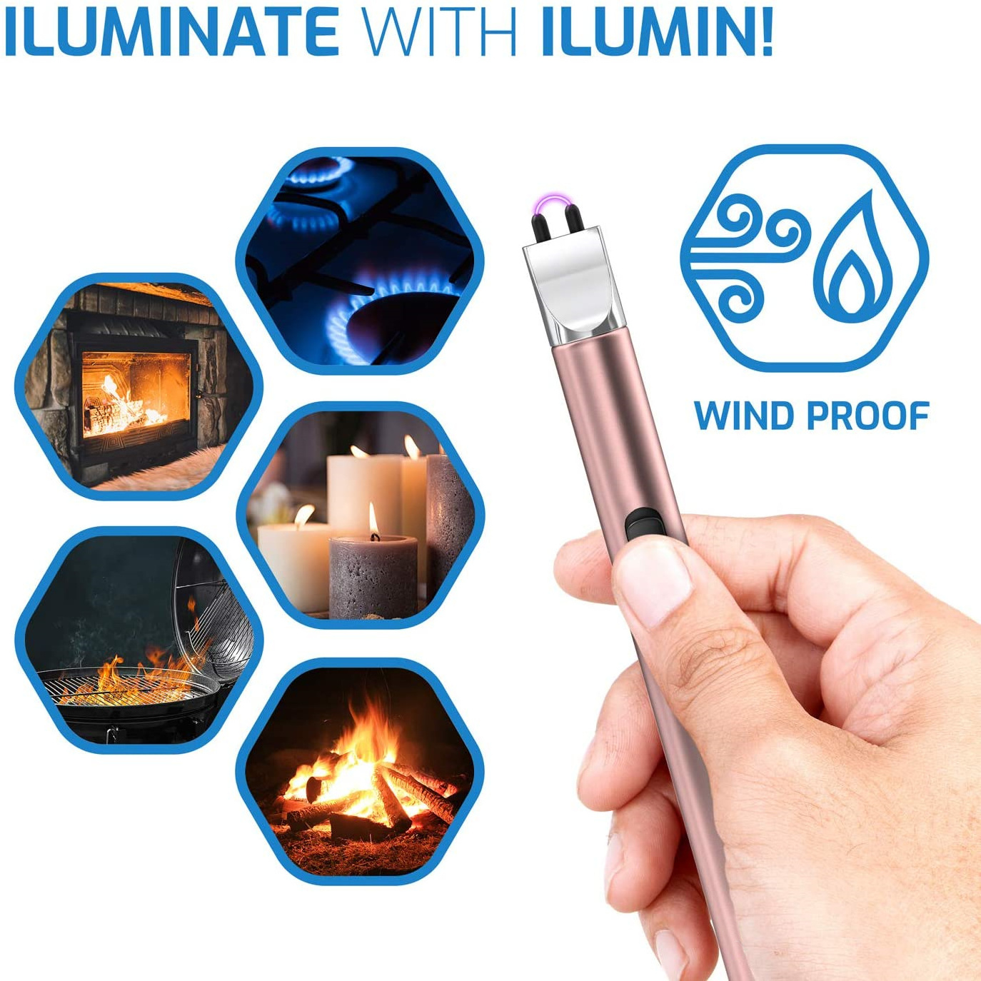 MLT137 Rose Gold Candle Lighter Electric Arc Rechargeable USB Flameless Grill Lighter Long for BBQ Camping