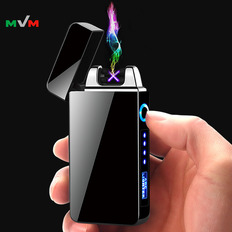 AL01 Custom Logo Windproof Electric Double Arc Lighter USB Plasma Rechargeable Lighter with LED Battery Indicator