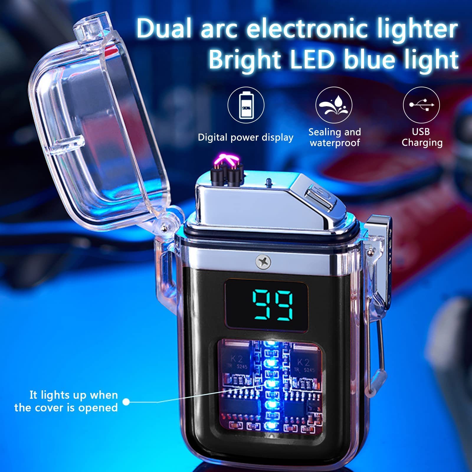 WL13 Electronic Rechargeable Lighter Transparent Waterproof Double ARC Lighter LED Power Display Type-C Outdoor Lighter