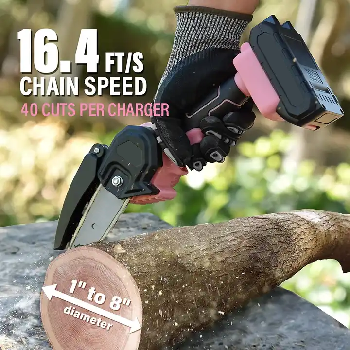 Mini Electric Chainsaw 4 Inch SOYUS Battery Chainsaw with 2 Batteries One-Hand Portable  Trimming Branch Wood Cutting Pink