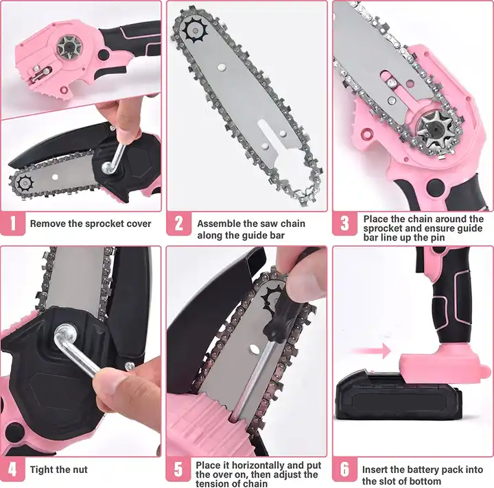 Mini Electric Chainsaw 4 Inch SOYUS Battery Chainsaw with 2 Batteries One-Hand Portable  Trimming Branch Wood Cutting Pink