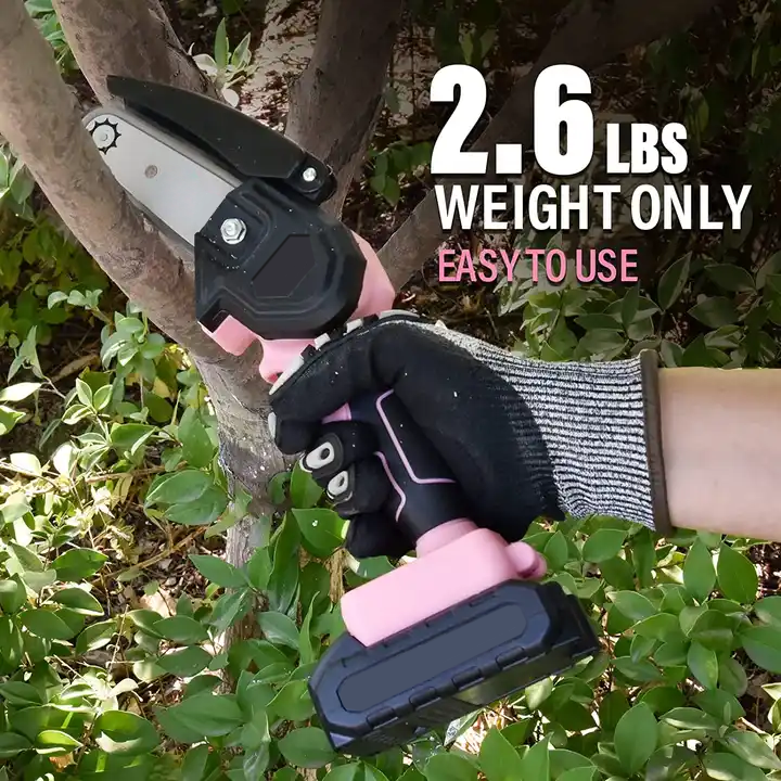 Mini Electric Chainsaw 4 Inch SOYUS Battery Chainsaw with 2 Batteries One-Hand Portable  Trimming Branch Wood Cutting Pink