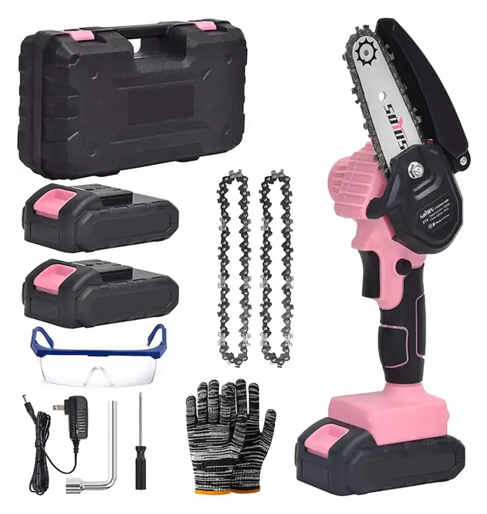 Mini Electric Chainsaw 4 Inch SOYUS Battery Chainsaw with 2 Batteries One-Hand Portable  Trimming Branch Wood Cutting Pink