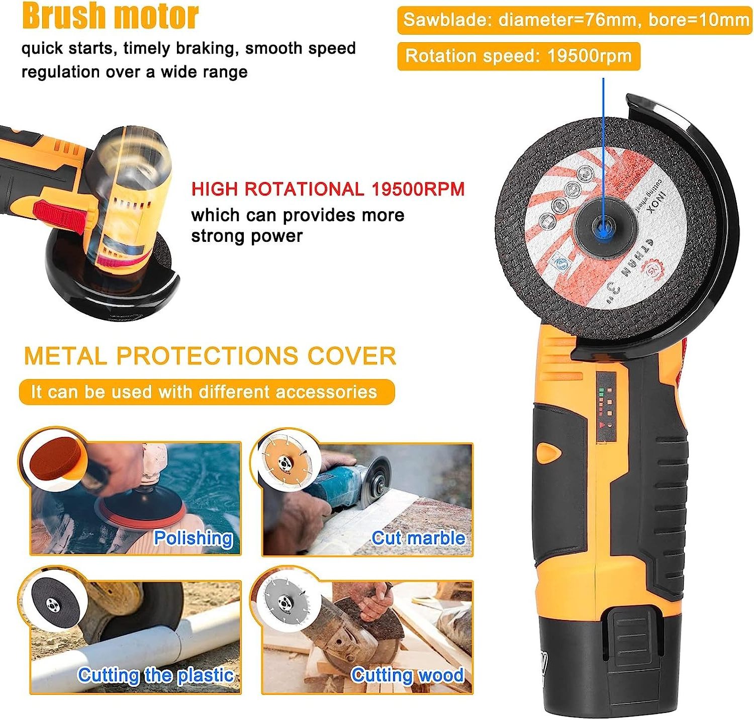 12V Electric Cordless Angle Grinder with 2 Cutting Disc Mini Handheld Grinding Tool for Cutting Polishing