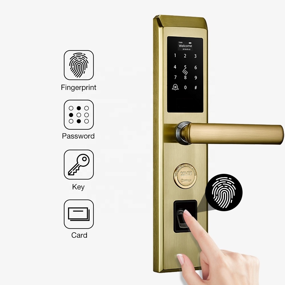 5 Star Hotel Door Lock Digital Card Fingerprint Double Sided Door Handle Lock Gold Color Numeric Door Lock