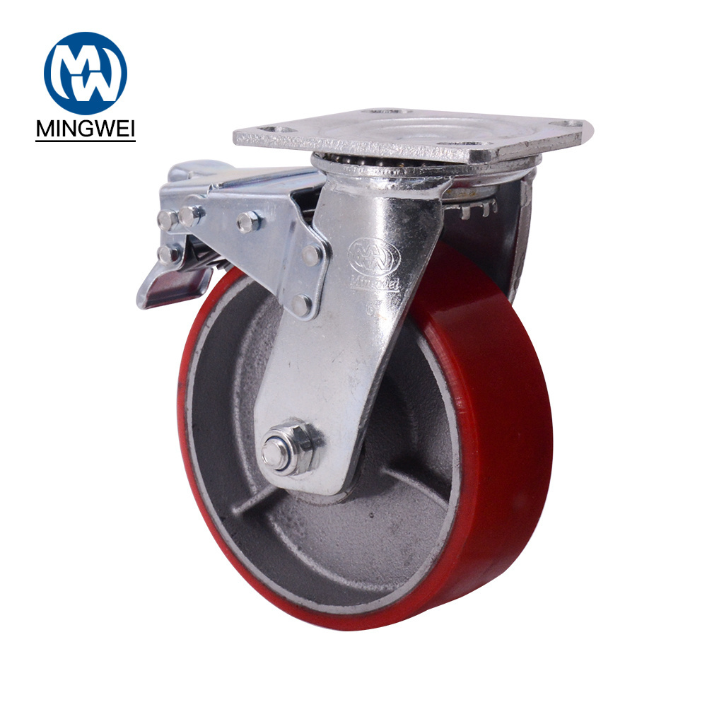 MW Caster High load capacity heavy duty cast iron core red pu fixed caster wheel for industrial