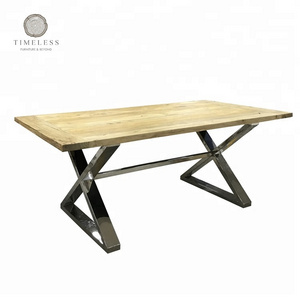 MRS WOODS Eco-Friendly Nature Wood and Stainless Steel Cross Leg Restaurant Hotel Dining Table