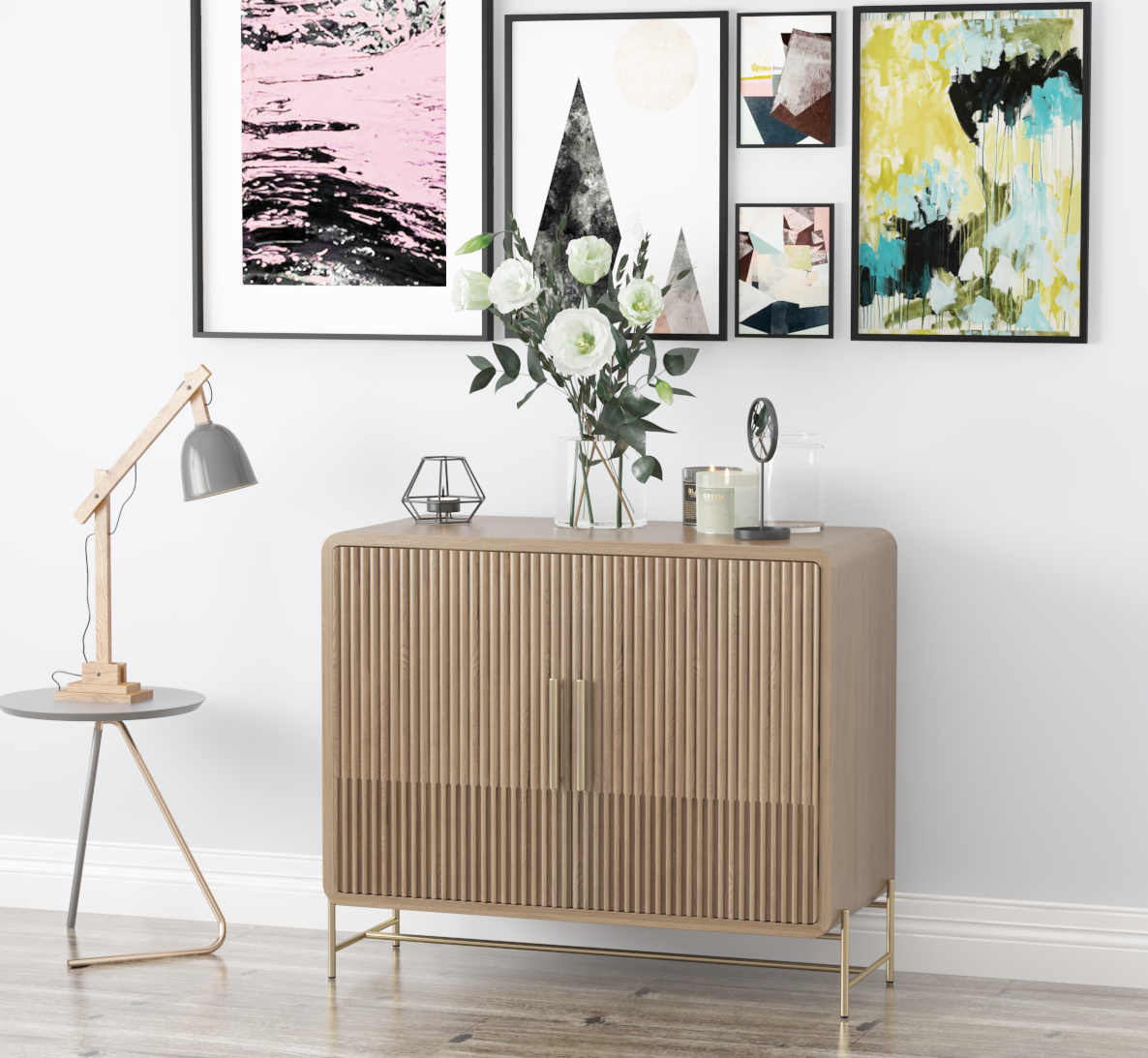 MRS WOODS Reclaimed Solid Wood Oak Modern Sideboard Cabinet Metal Leg With Doors Living Room Furniture