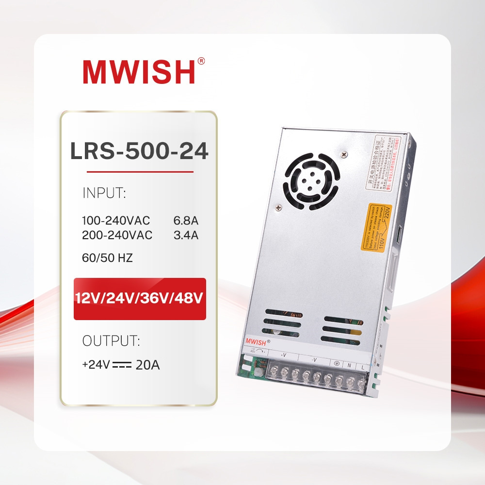 MWISH LRS-500-24 LED Drivers 20A 24V 500W power supply switching 24VDC LED Transformer