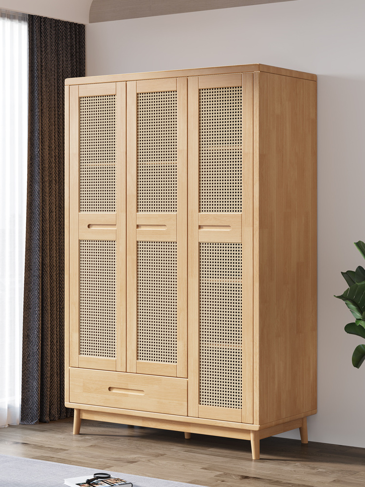 Hot modern bedroom furniture rattan woven wardrobes wood hotel homestay home three-door wardrobe with storage drawers