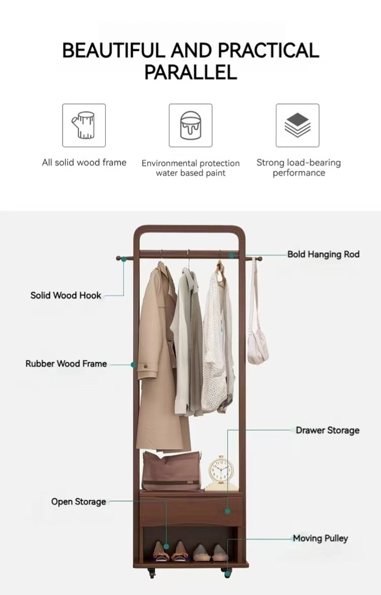 Good quality nordic solid wood coat rack with shoe cabinet and fitting mirror bedroom wooden clothes hanger rack with pulley