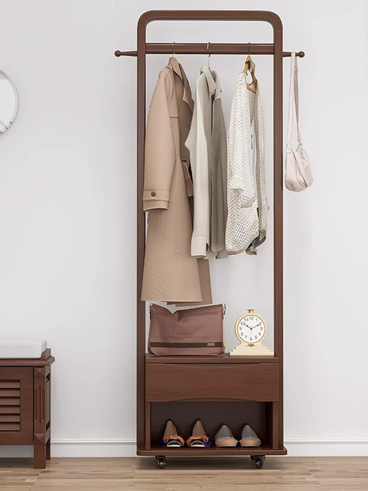 Good quality nordic solid wood coat rack with shoe cabinet and fitting mirror bedroom wooden clothes hanger rack with pulley