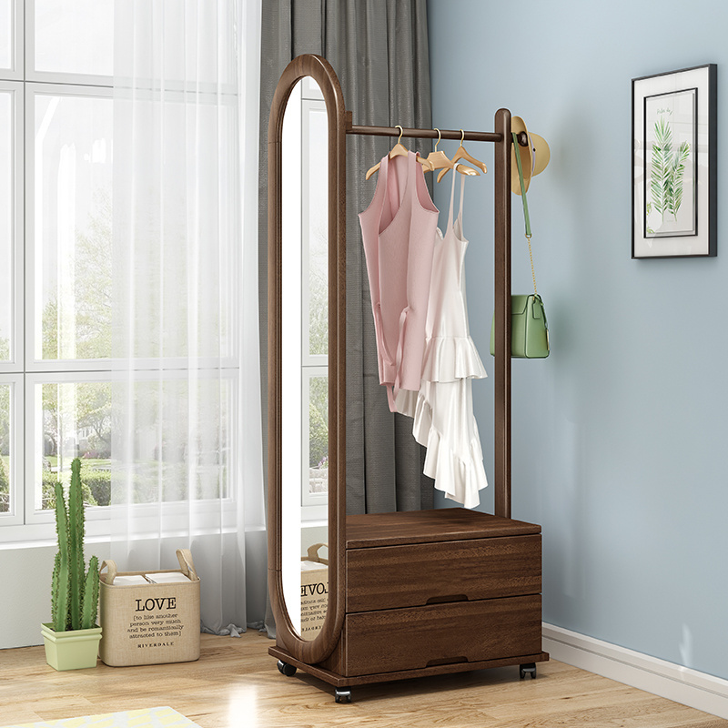 High quality bedroom multi-functional solid wood hangers floor mirror coat hat rack modern simple fitting mirror storage rack