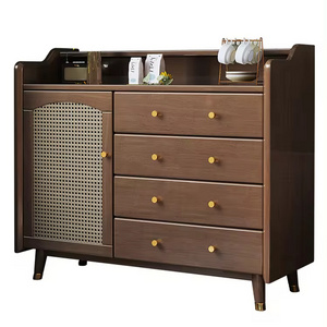 Nordic vintage solid wood sideboard rattan chest of drawers living room wooden 6 drawers dresser with door