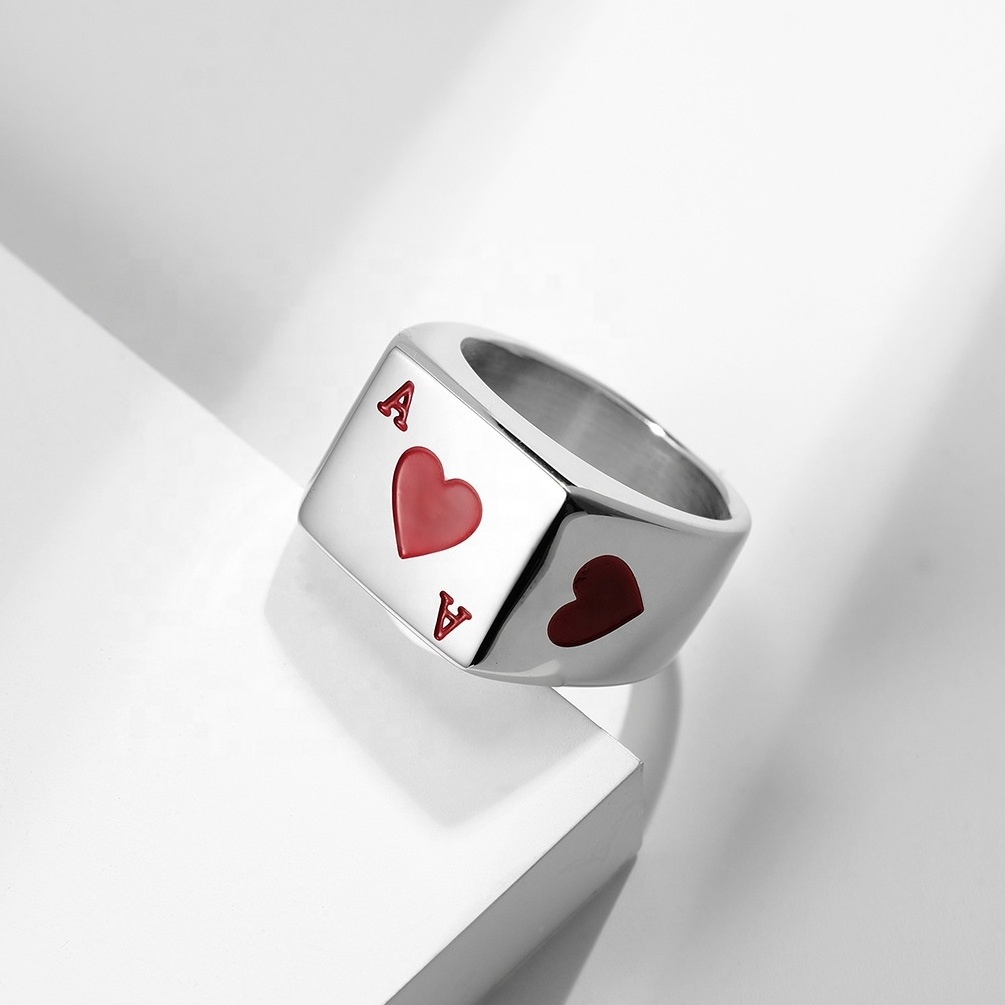 Stainless Steel Material Cool Jewelry Corrosion Spades A Playing Card Element Rectangle Band Spades Poker Ring