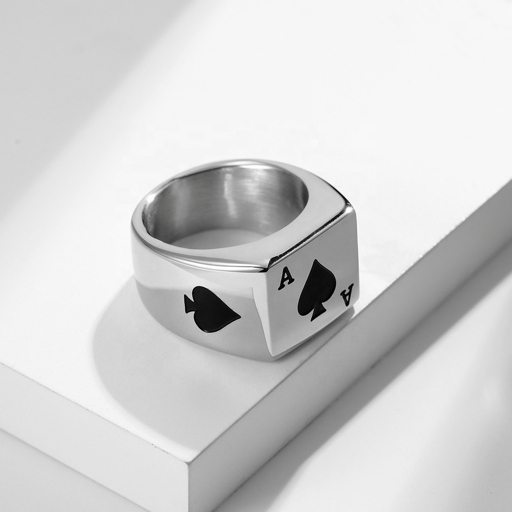 Stainless Steel Material Cool Jewelry Corrosion Spades A Playing Card Element Rectangle Band Spades Poker Ring