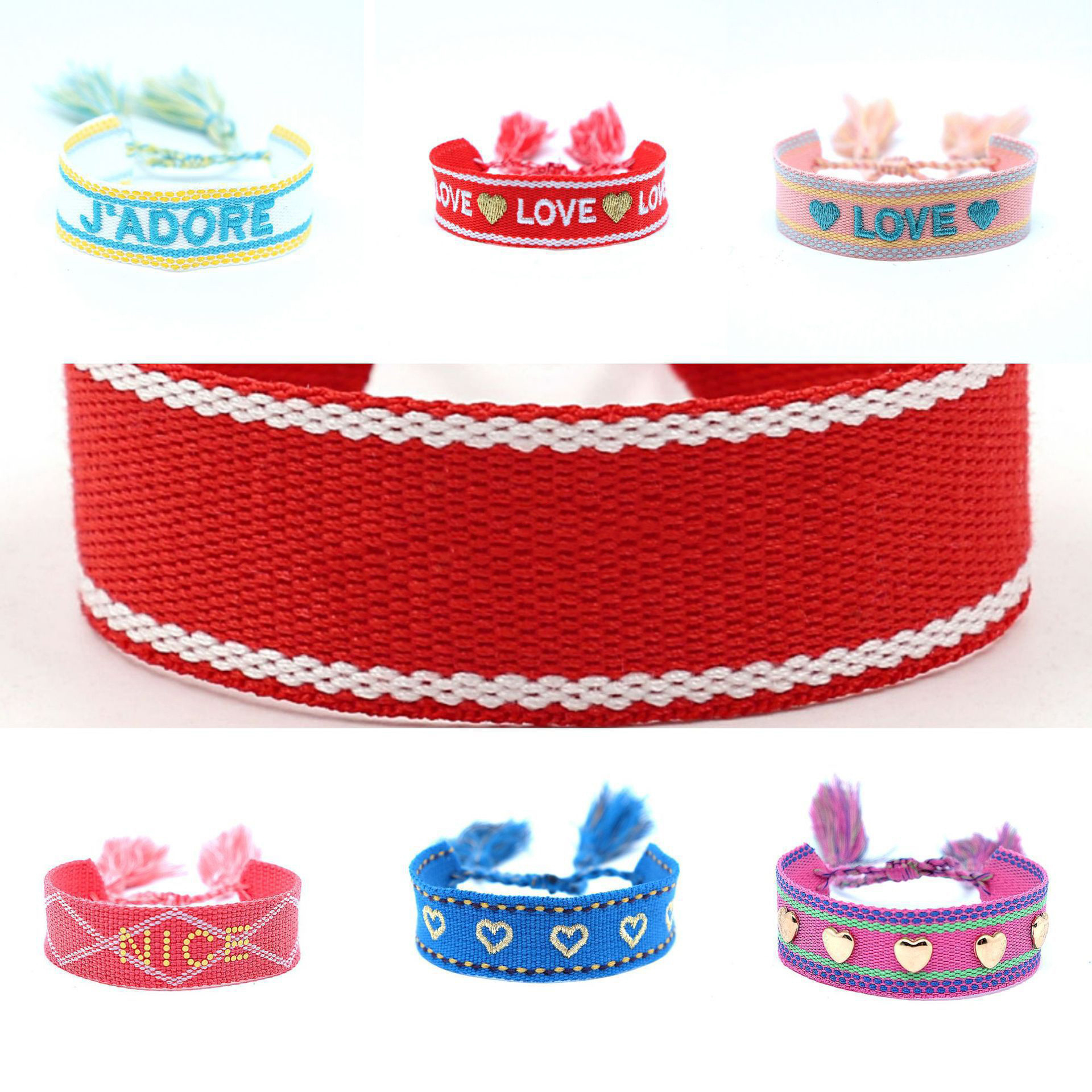 Factory spot wholesale charm fabric friendship woven embroidery bracelet with tassel  handmade woven bracelet with texts