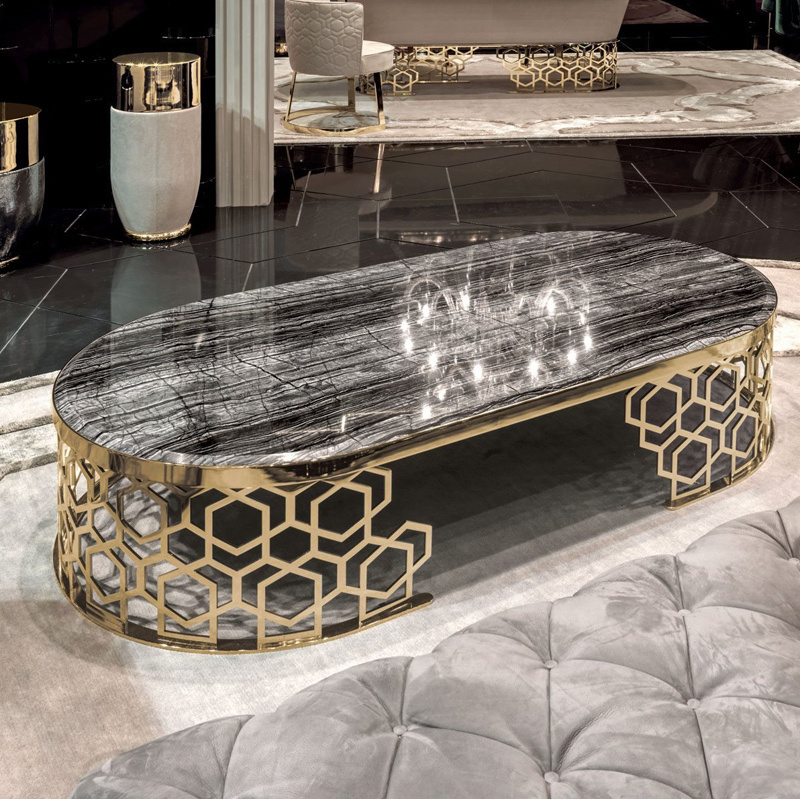 hotel lobby oval round marble top centre table living room luxury italian design gold plated stainless steel frame coffee table