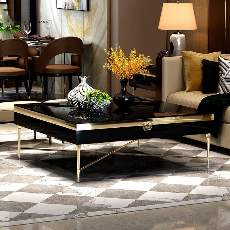 Luxury Modern Italian design black glass stainless steel high-end metal coffee table living room furniture gold coffee table