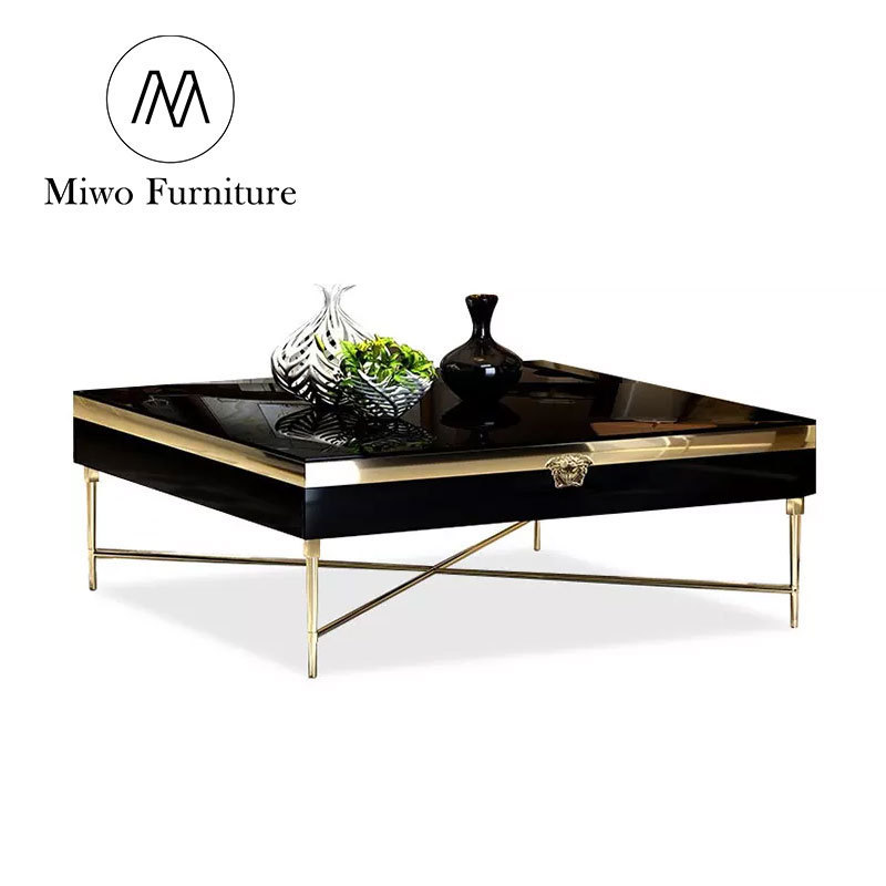 Luxury Modern Italian design black glass stainless steel high-end metal coffee table living room furniture gold coffee table