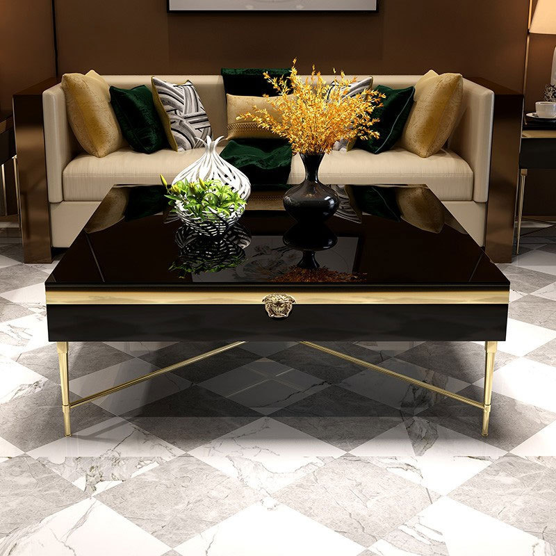 Luxury Modern Italian design black glass stainless steel high-end metal coffee table living room furniture gold coffee table