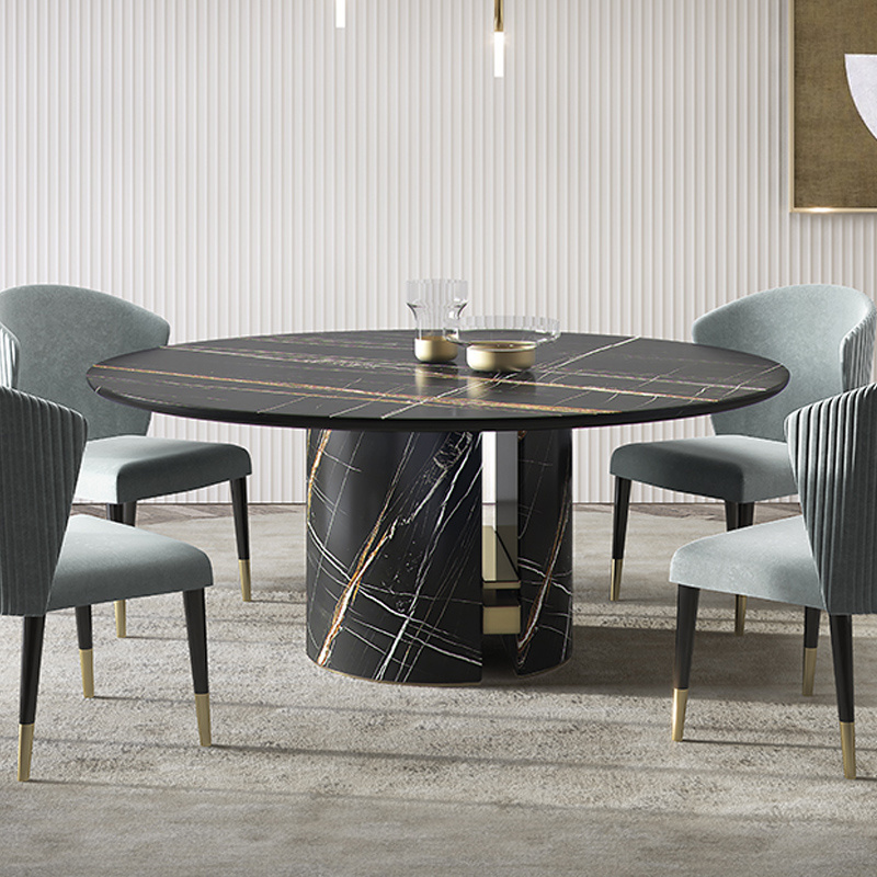 Modern and stylish dining room with luxurious black marble hotel round dining table set 4 6 8 seater  dining chairs